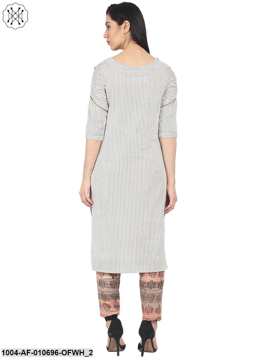 Off White Striped Half Sleeve Kurta With Slim Fit Palazzo - Image 2