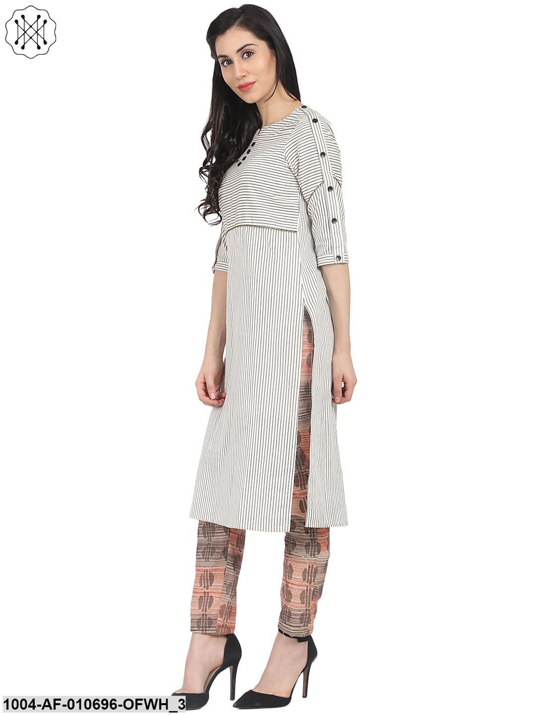 Off White Striped Half Sleeve Kurta With Slim Fit Palazzo - Image 3