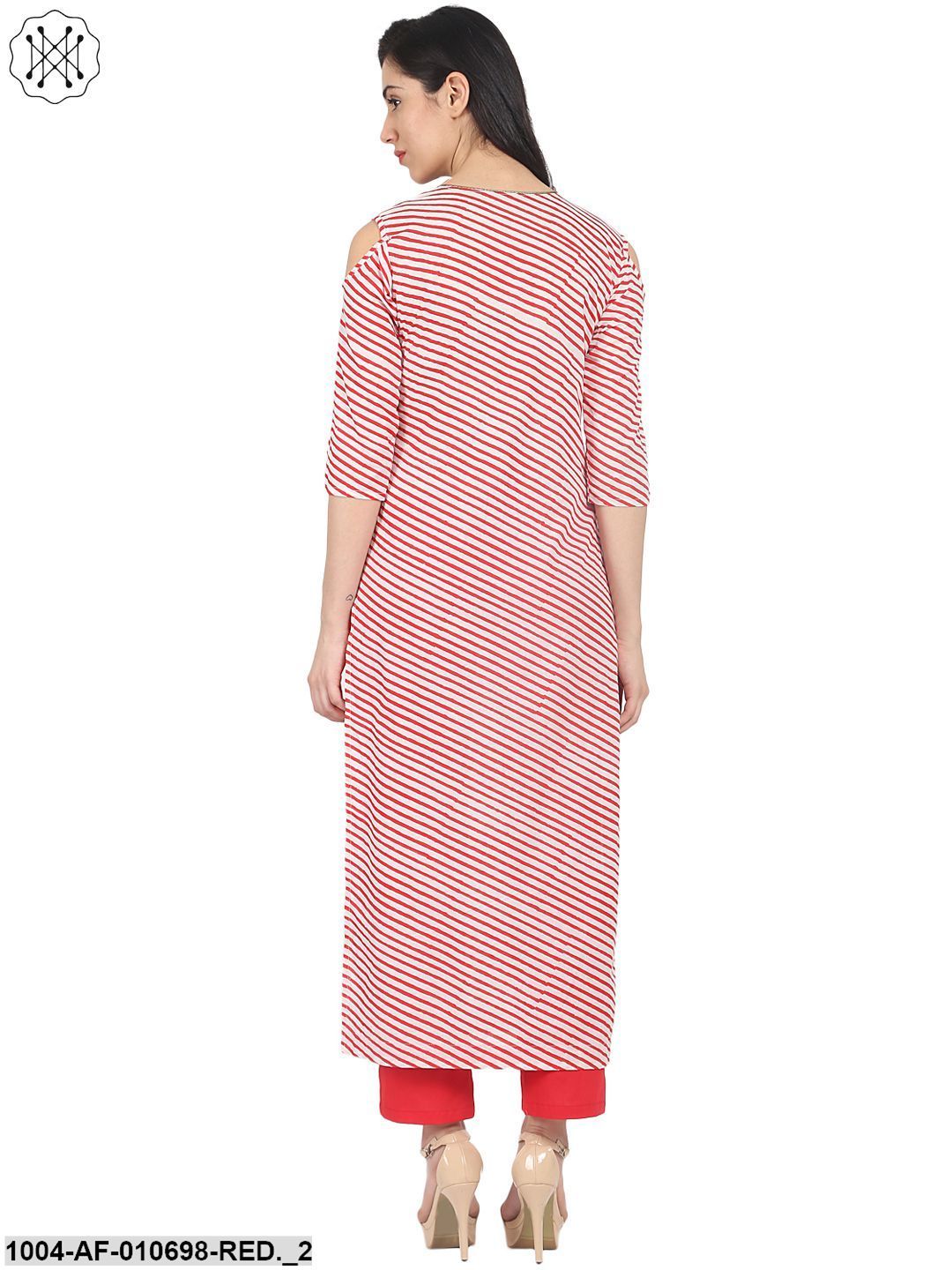 Red Striped 3/4Th Sleeve Cotton Kurta With Red Straight Palazzo - Image 2
