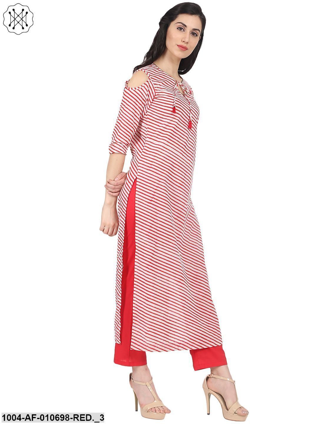 Red Striped 3/4Th Sleeve Cotton Kurta With Red Straight Palazzo - Image 3