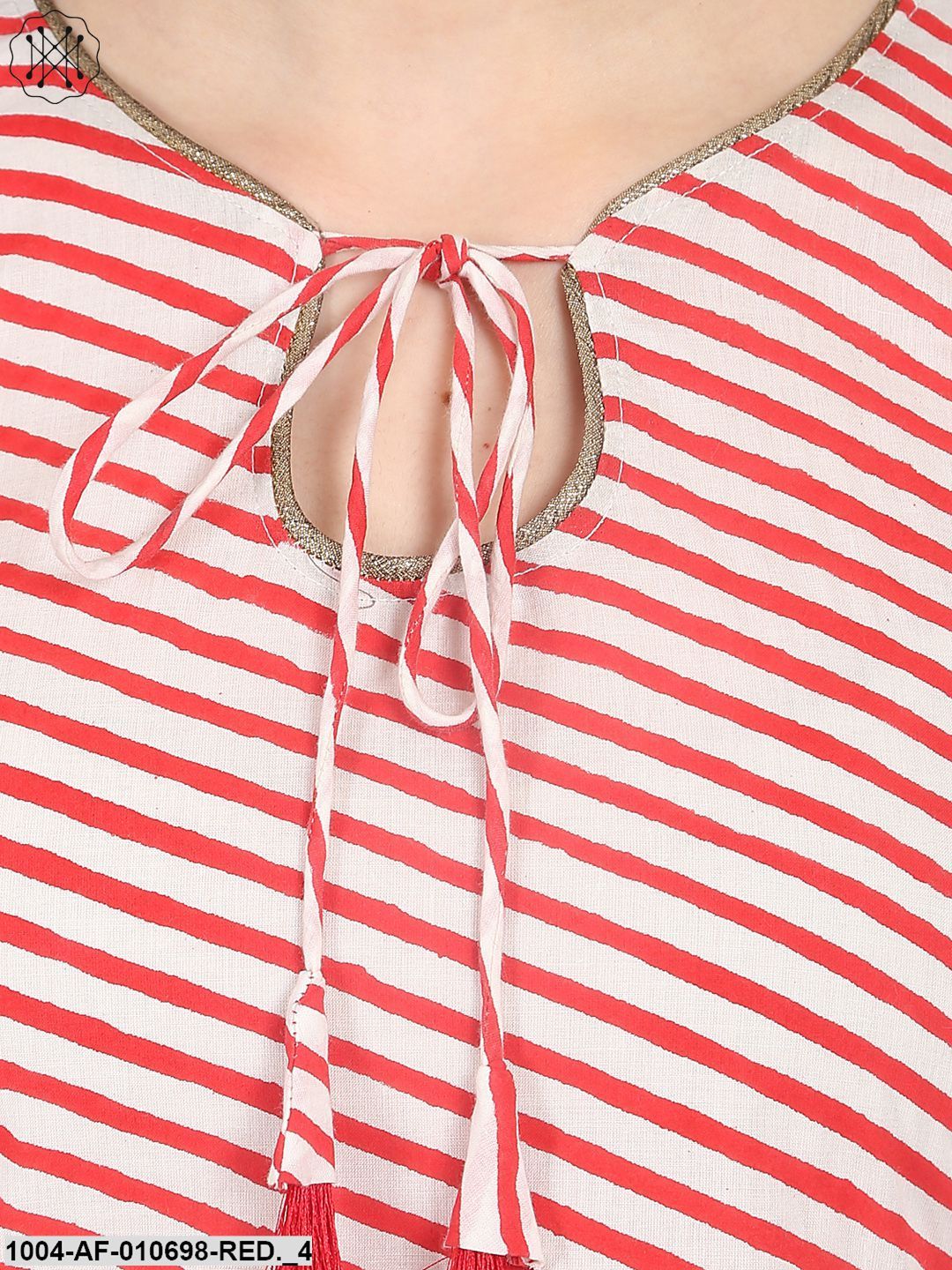 Red Striped 3/4Th Sleeve Cotton Kurta With Red Straight Palazzo - Image 4