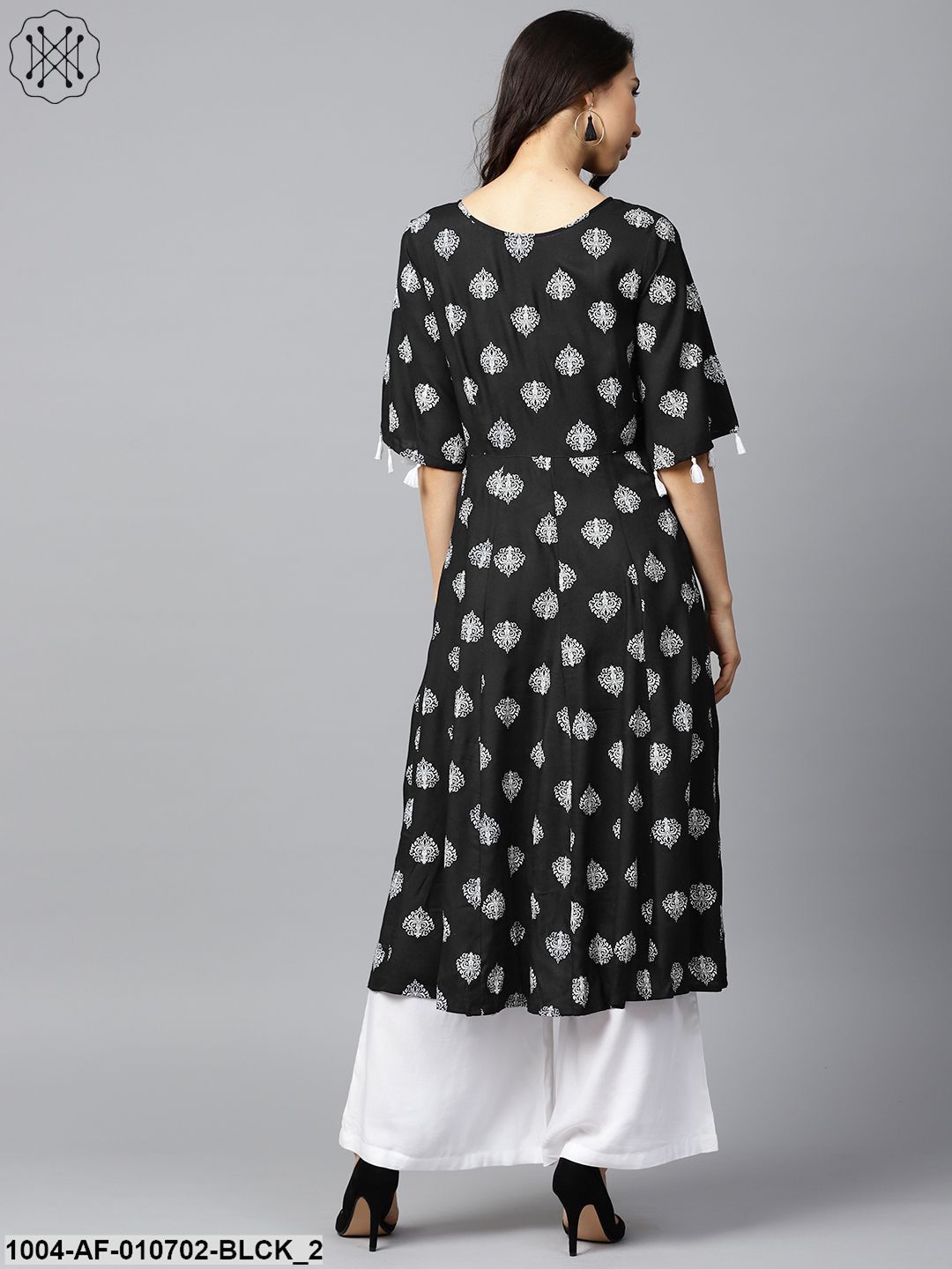 Black Printed 3/4Th Sleeve High Slit Cotton A-Line Kurta With Off White Palazzo - Image 2