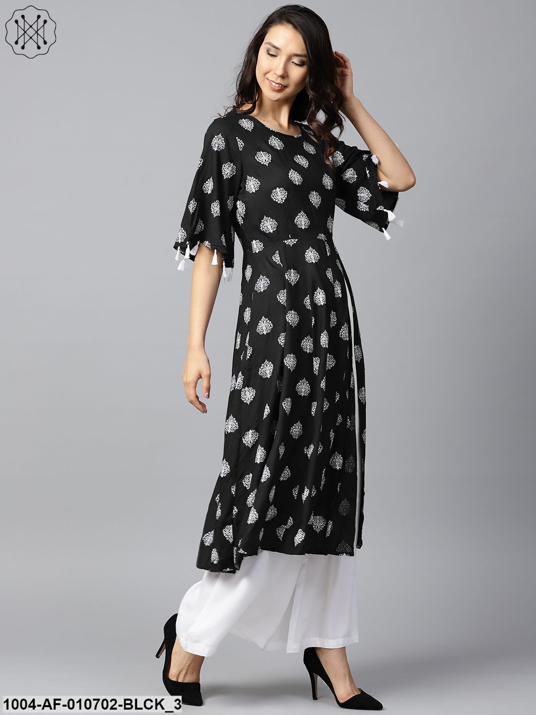 Black Printed 3/4Th Sleeve High Slit Cotton A-Line Kurta With Off White Palazzo - Image 3