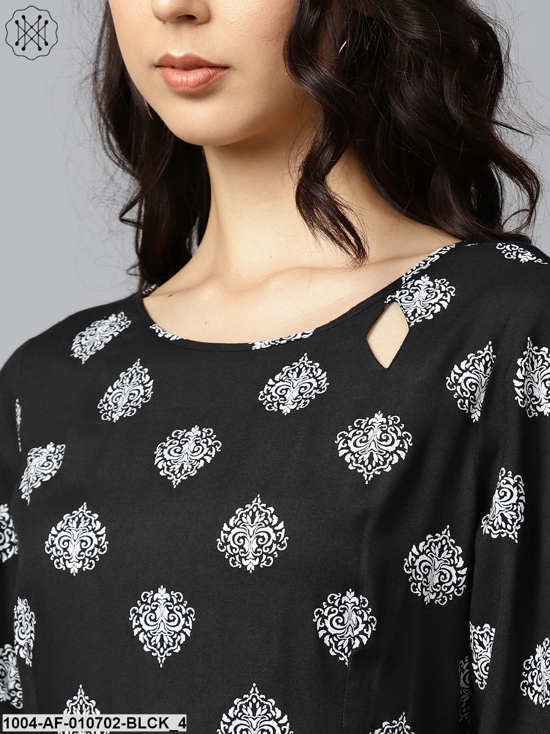 Black Printed 3/4Th Sleeve High Slit Cotton A-Line Kurta With Off White Palazzo - Image 4
