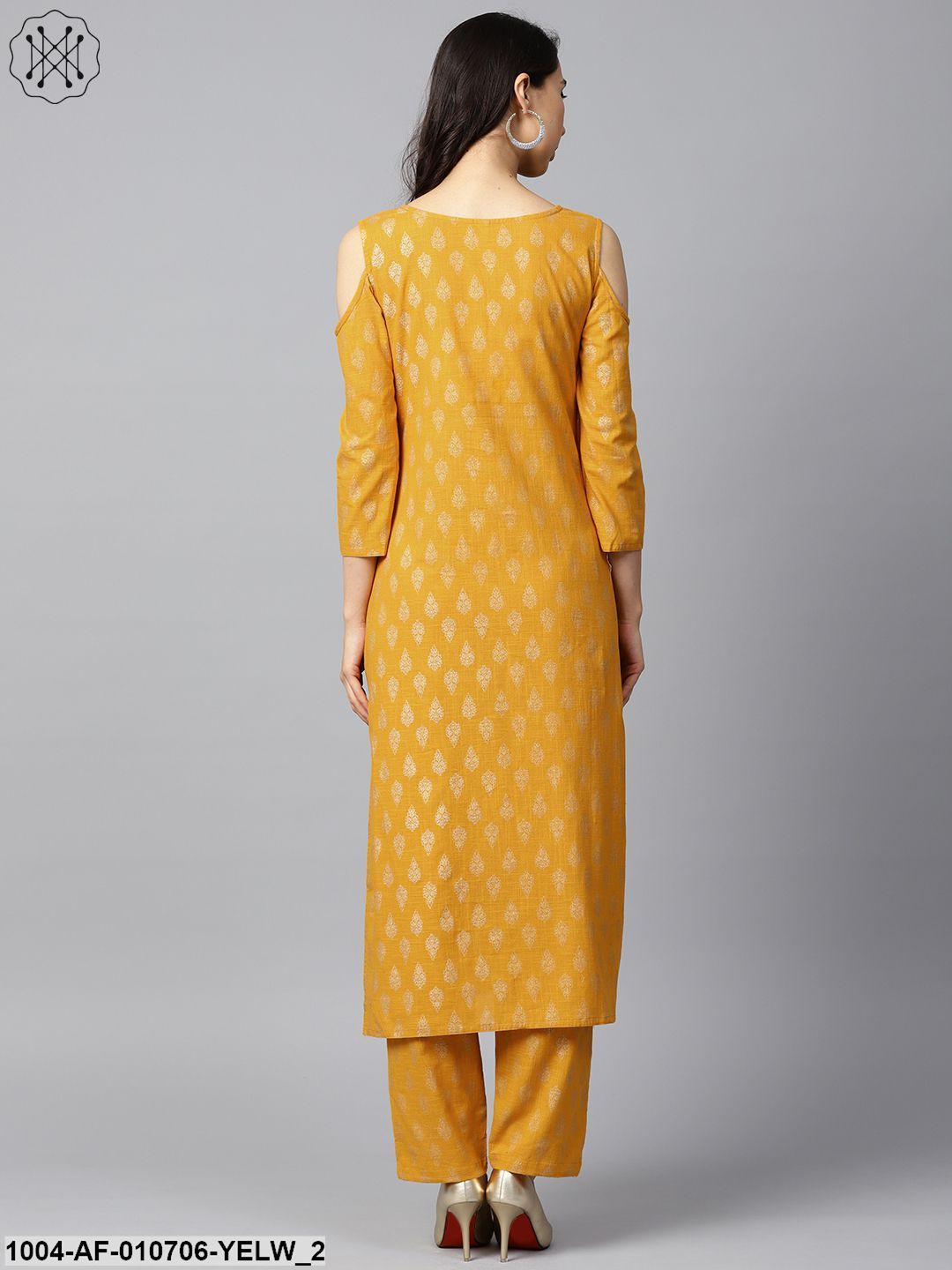 Yellow Printed 3/4Th Sleeve Cold Shoulder Cotton Kurta With Yellow Printed Palazzo - Image 2