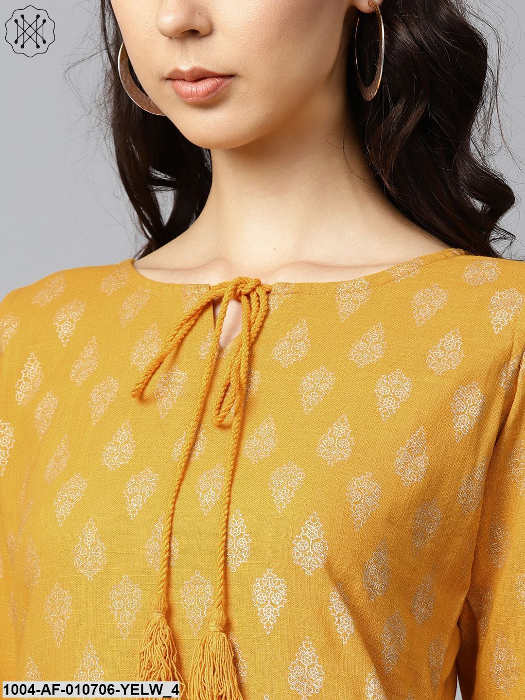 Yellow Printed 3/4Th Sleeve Cold Shoulder Cotton Kurta With Yellow Printed Palazzo - Image 4