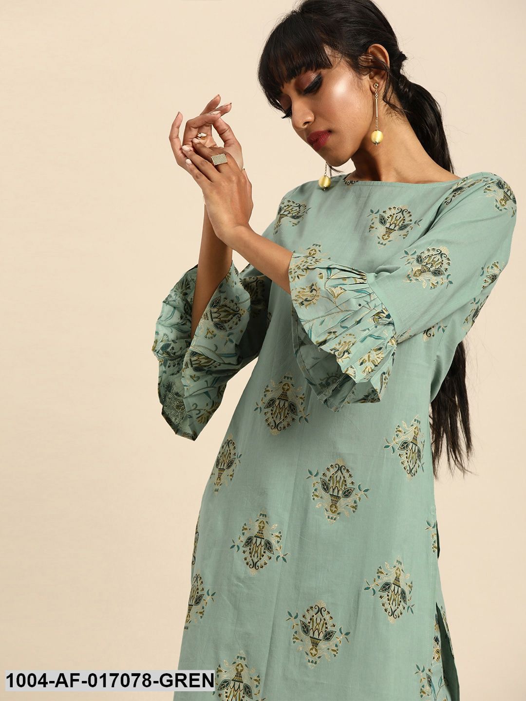 Pistachio Green Three-Quarter Sleeves Printed Straight Pure Cotton Kurta with Palazzo - Image 2