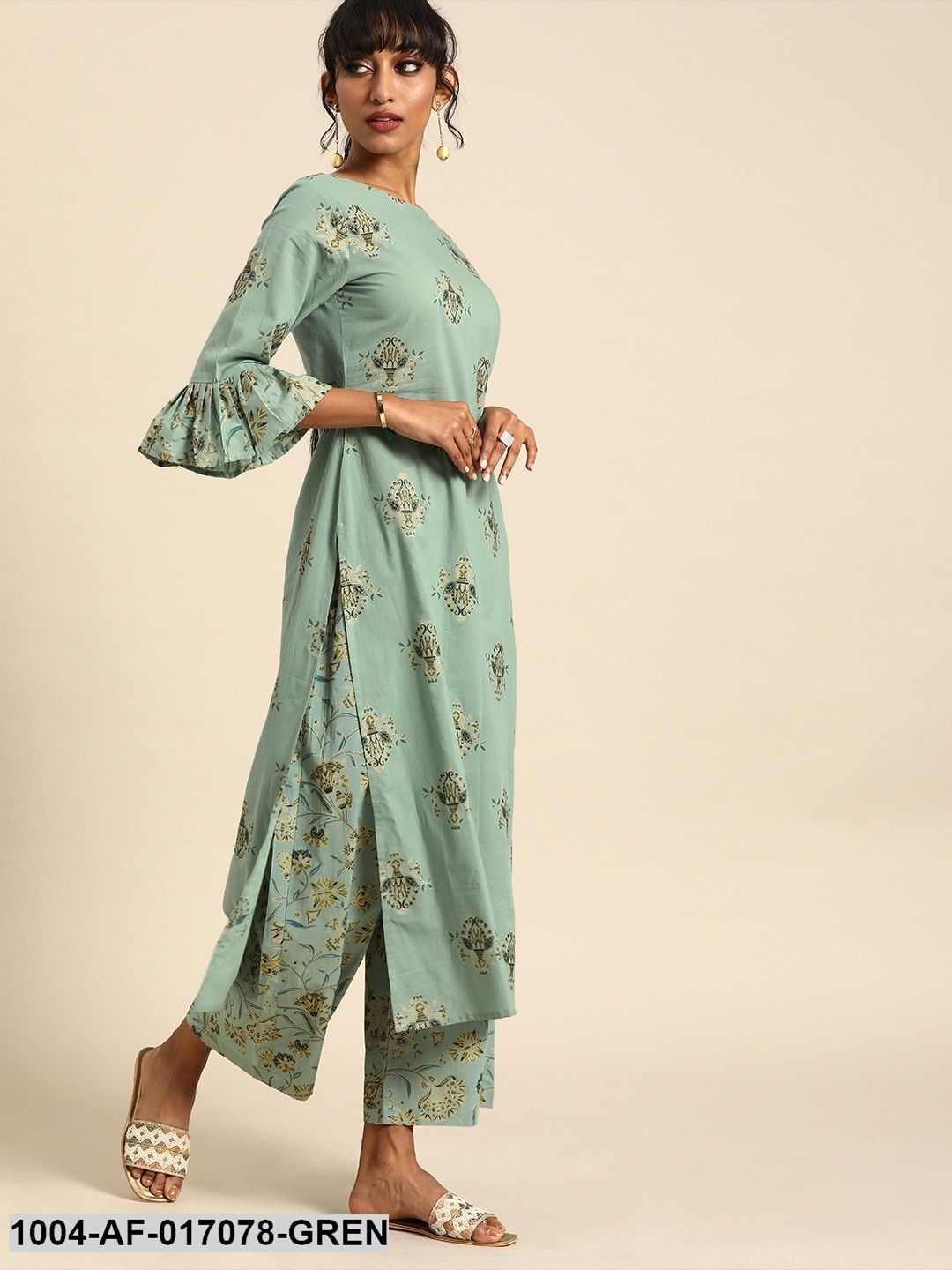 Pistachio Green Three-Quarter Sleeves Printed Straight Pure Cotton Kurta with Palazzo - Image 3