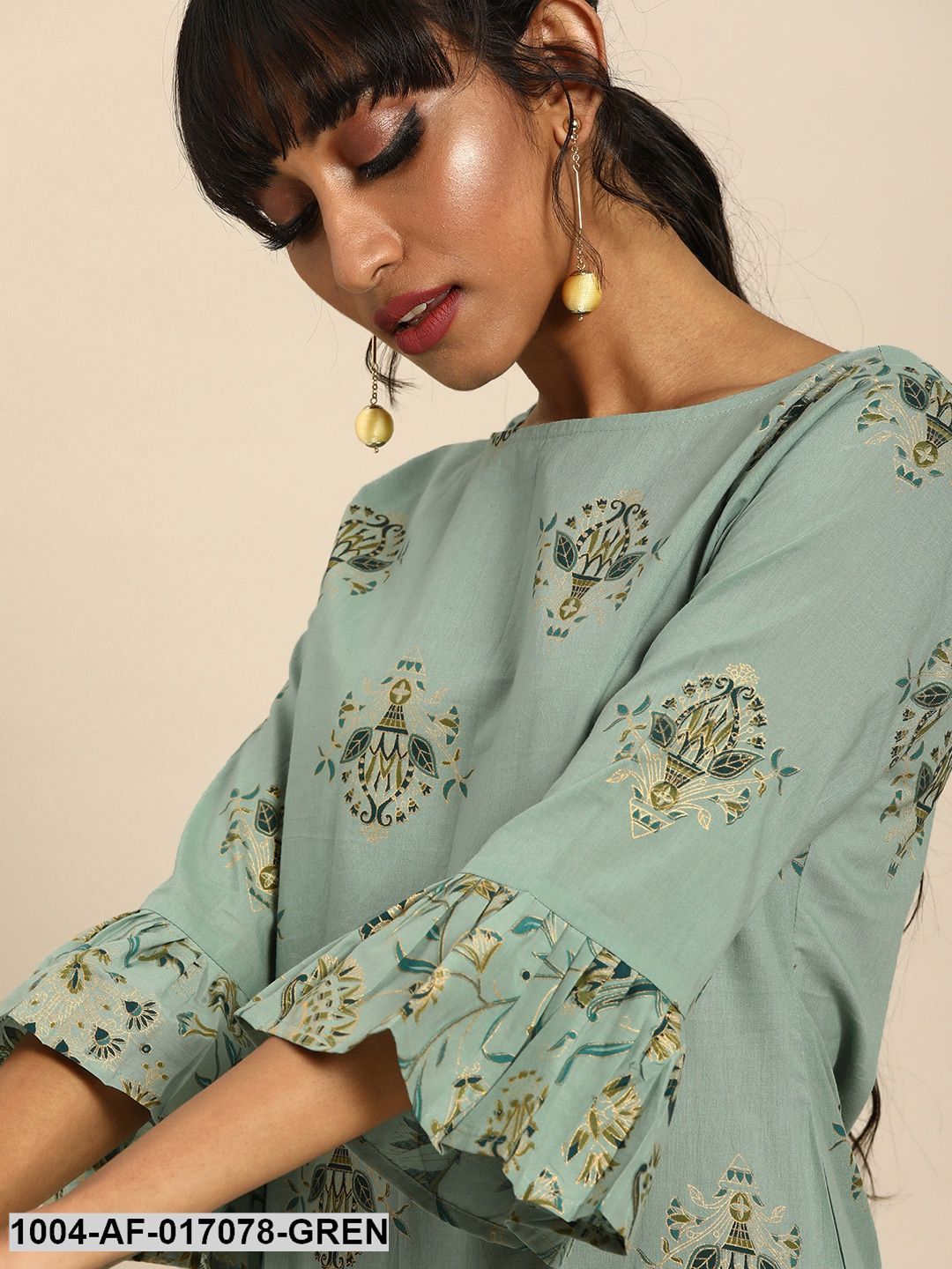 Pistachio Green Three-Quarter Sleeves Printed Straight Pure Cotton Kurta with Palazzo - Image 4