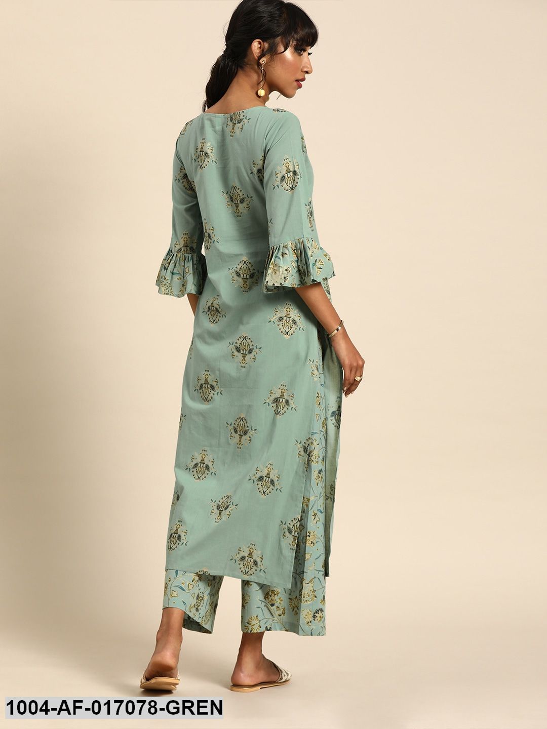 Pistachio Green Three-Quarter Sleeves Printed Straight Pure Cotton Kurta with Palazzo - Image 5