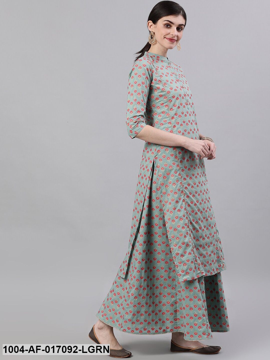 Light Green Three-Quarter Sleeves Straight Kurta Skirt Set With Dupatta - Image 5