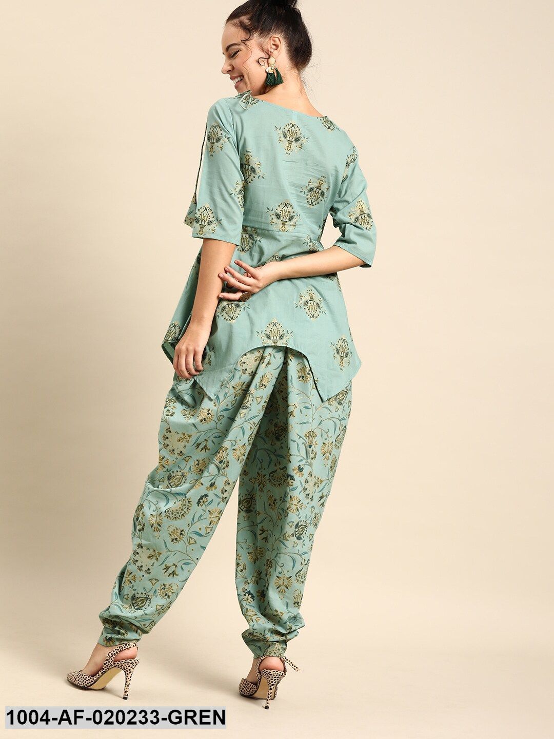 Green & Teal Blue Printed Kurta with Dhoti Pants - Image 4