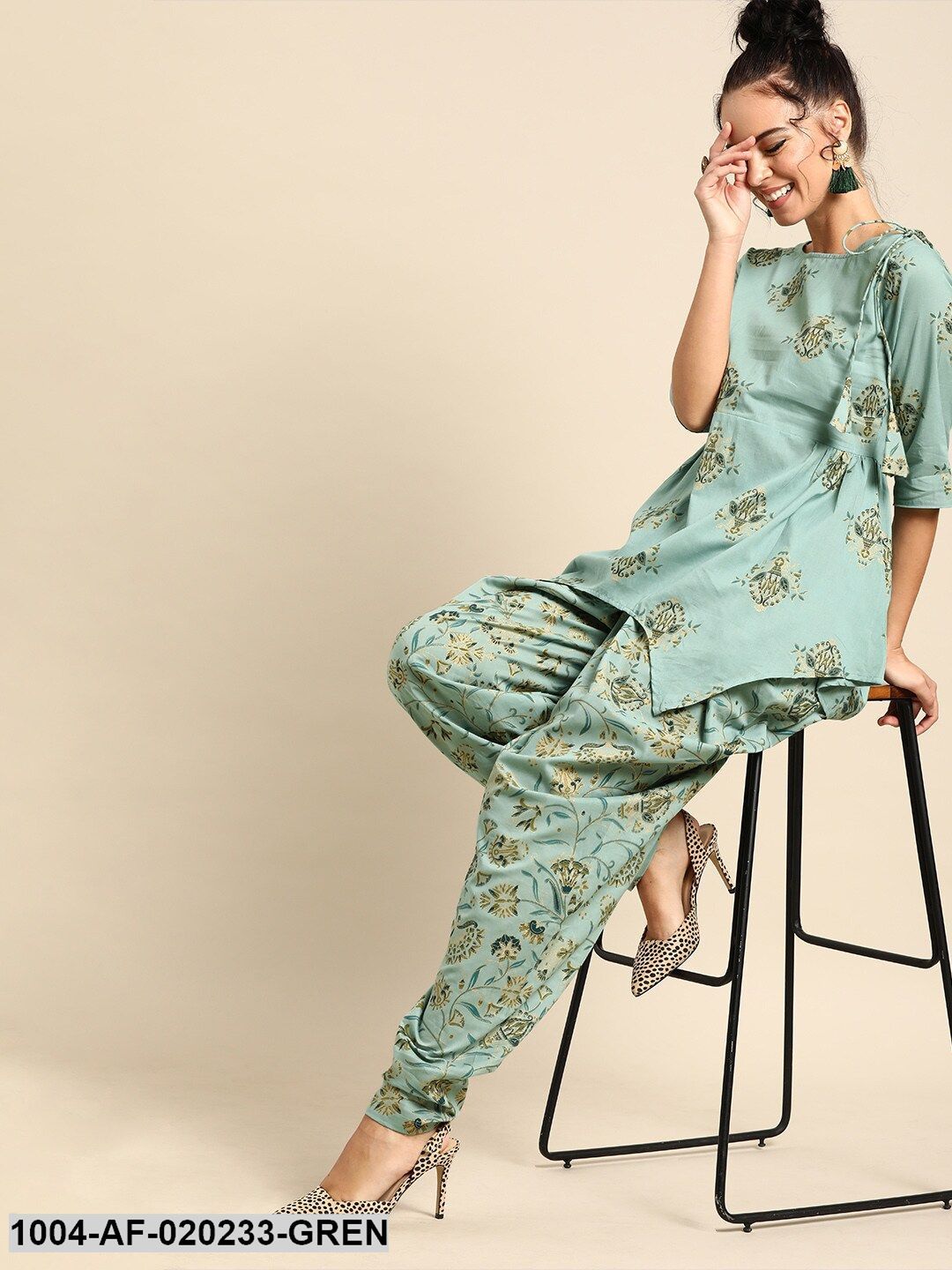 Green & Teal Blue Printed Kurta with Dhoti Pants - Image 5