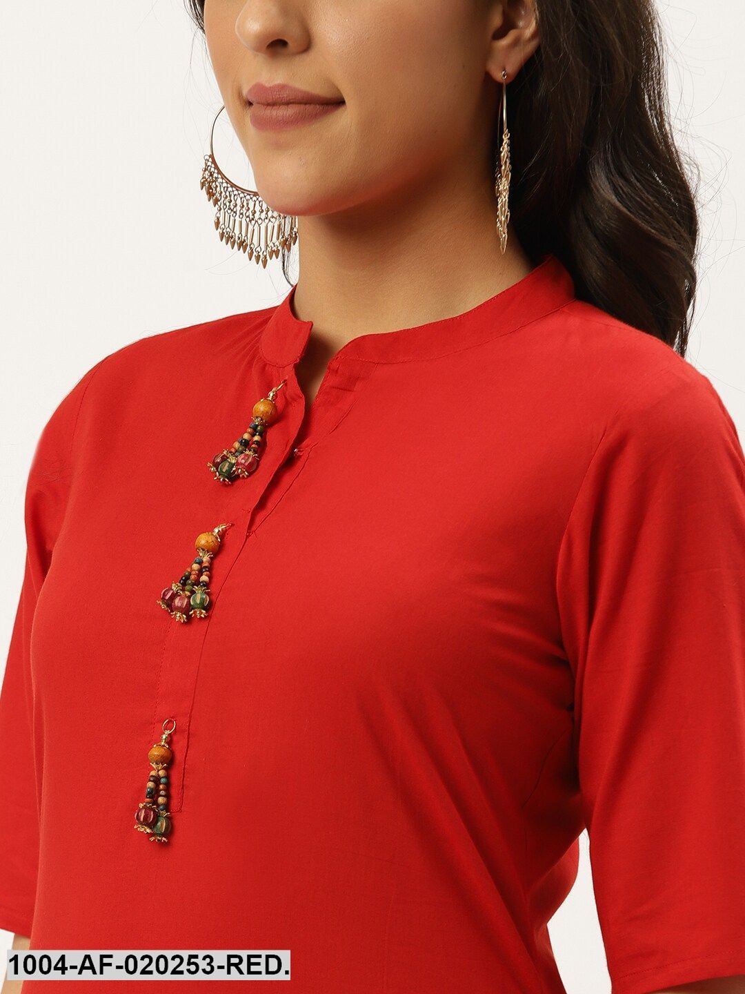 Red & Beige Solid Kurta with Trousers & Dupatta - Image 2