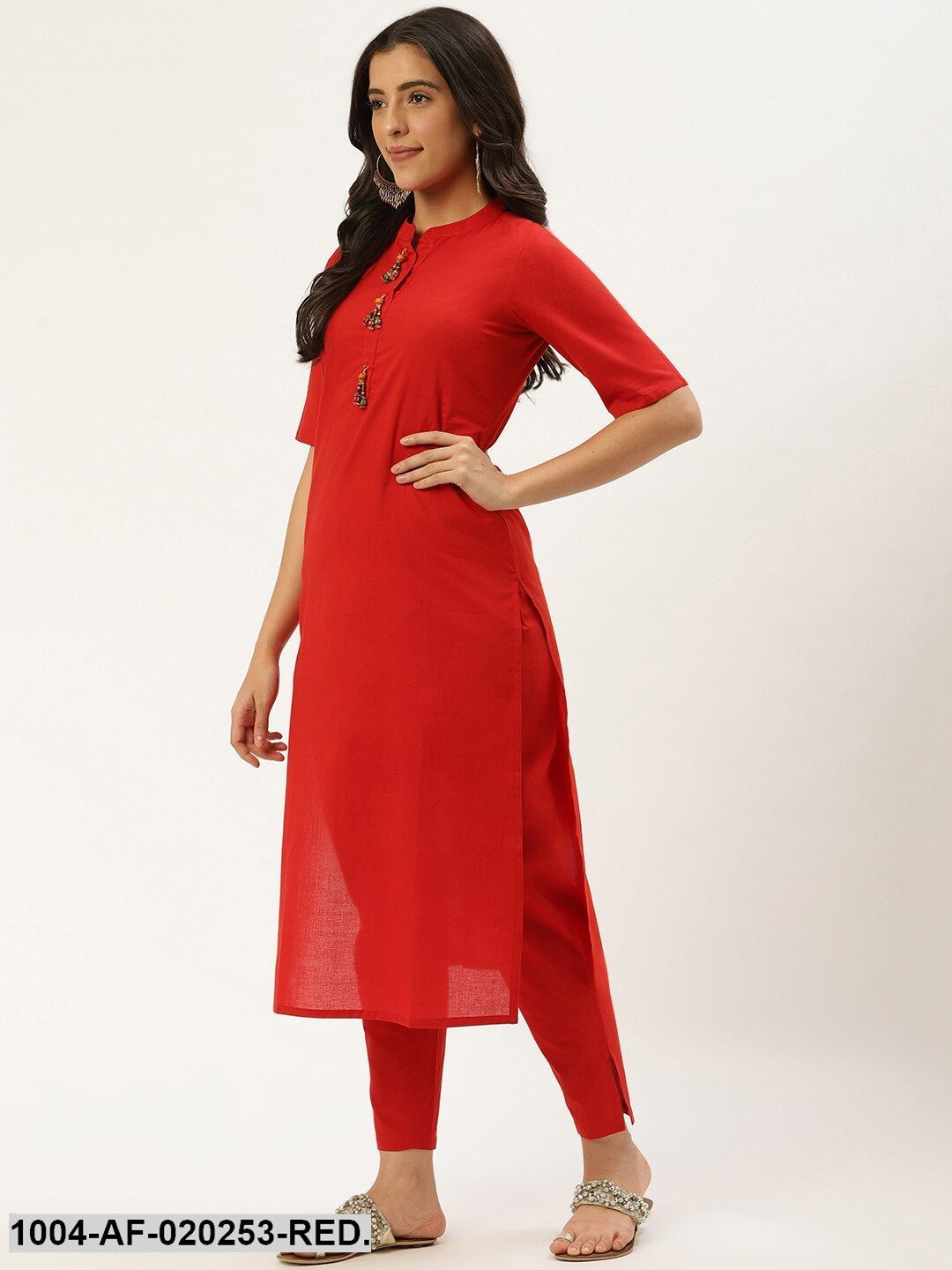 Red & Beige Solid Kurta with Trousers & Dupatta - Image 4