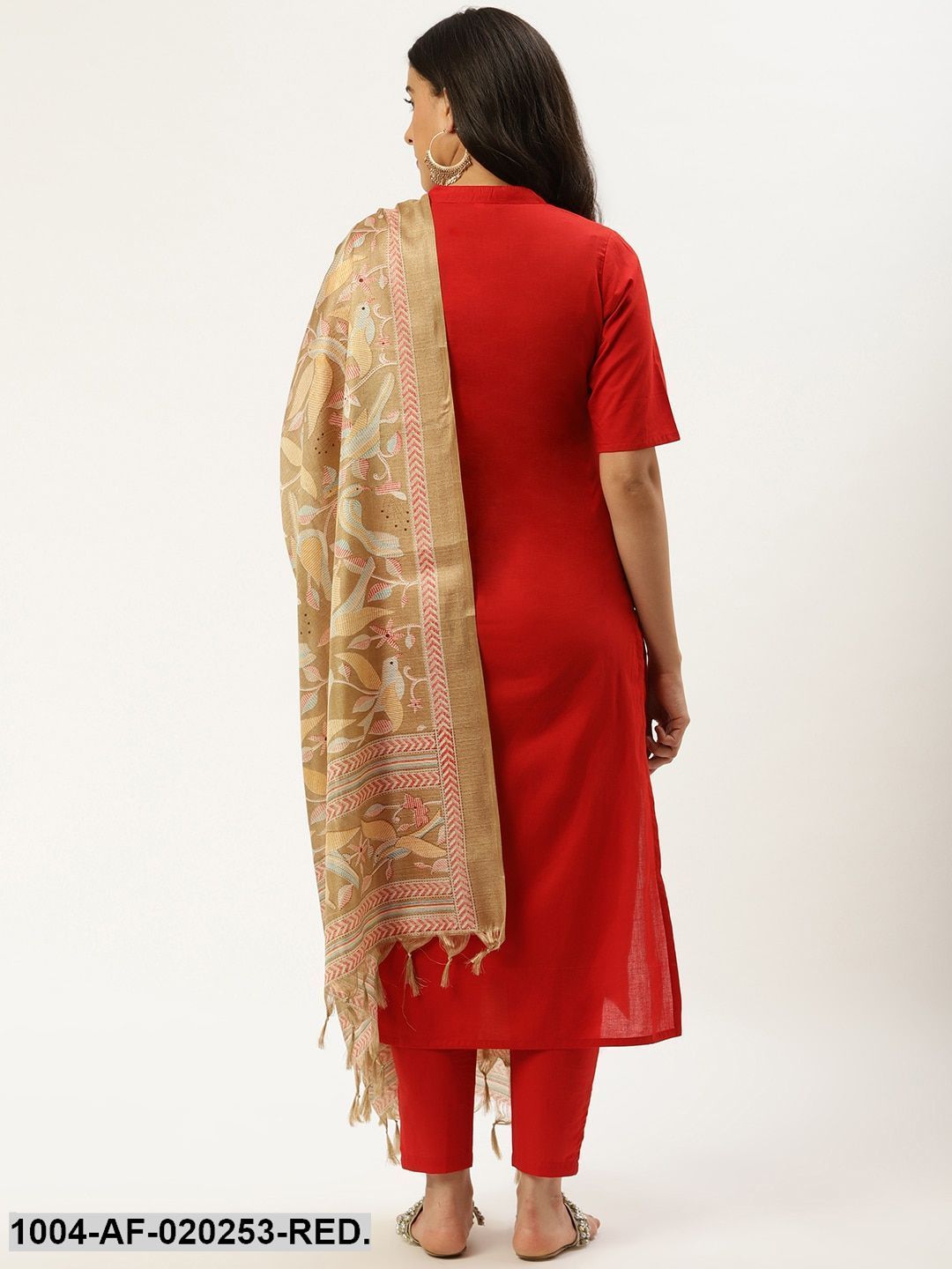 Red & Beige Solid Kurta with Trousers & Dupatta - Image 6