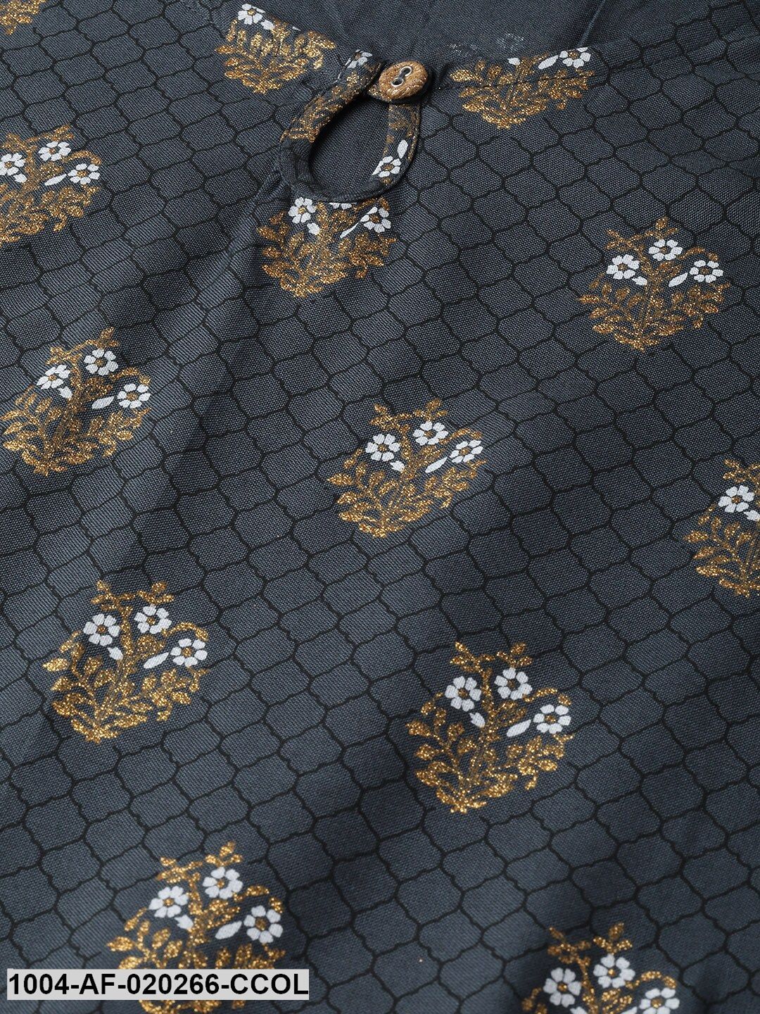 Charcoal Grey & Golden Printed Kurta with Sharara & Dupatta - Image 2