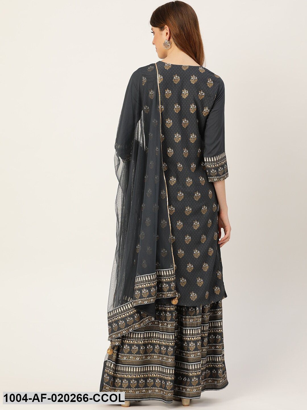 Charcoal Grey & Golden Printed Kurta with Sharara & Dupatta - Image 6