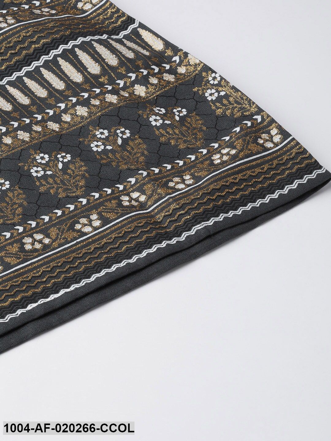 Charcoal Grey & Golden Printed Kurta with Sharara & Dupatta - Image 7