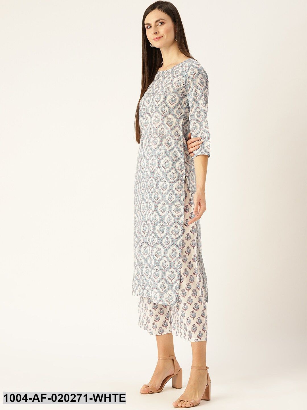 White & Blue Printed Kurta with Palazzos - Image 5