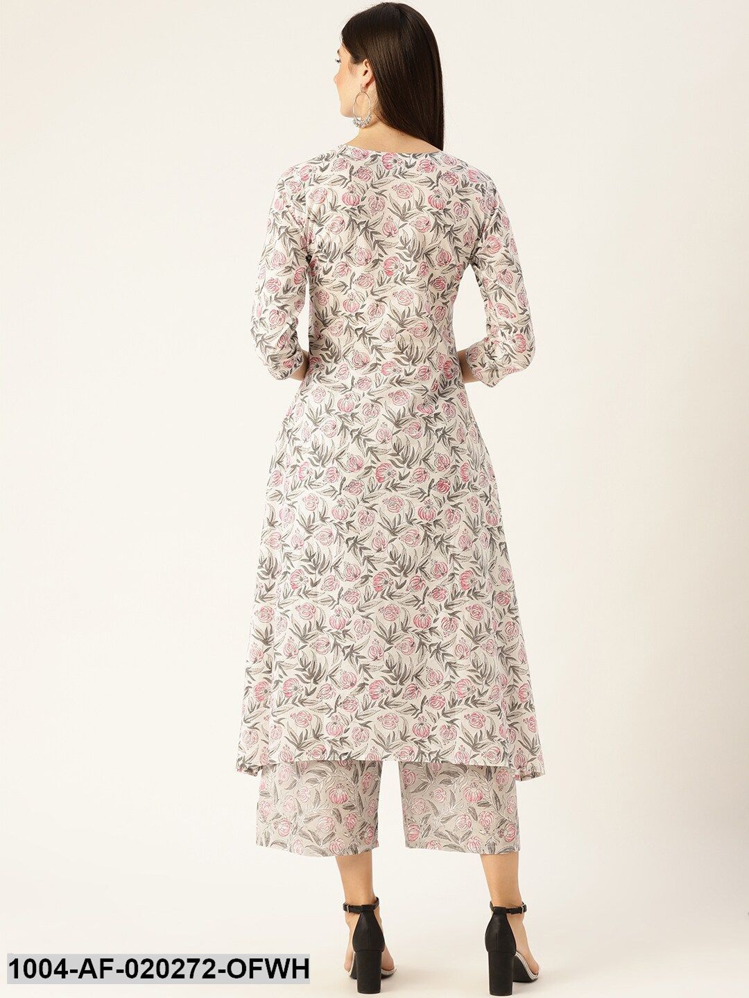 Off-White & Pink Floral Print A-Line Kurta with Palazzos - Image 4