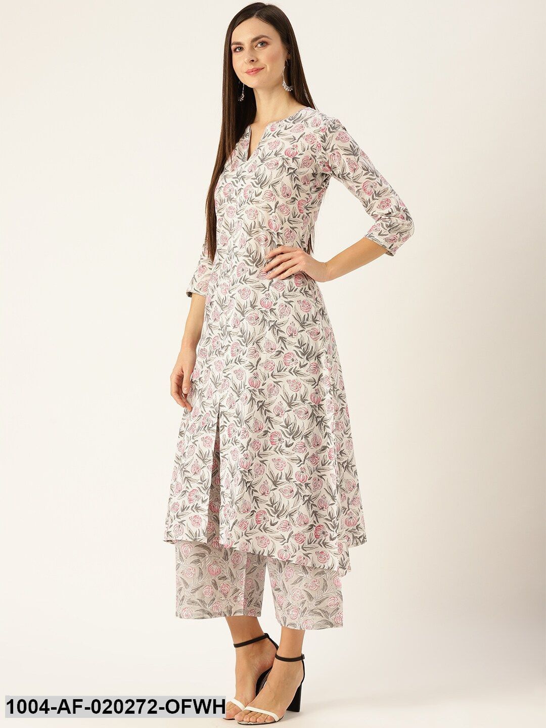 Off-White & Pink Floral Print A-Line Kurta with Palazzos - Image 5