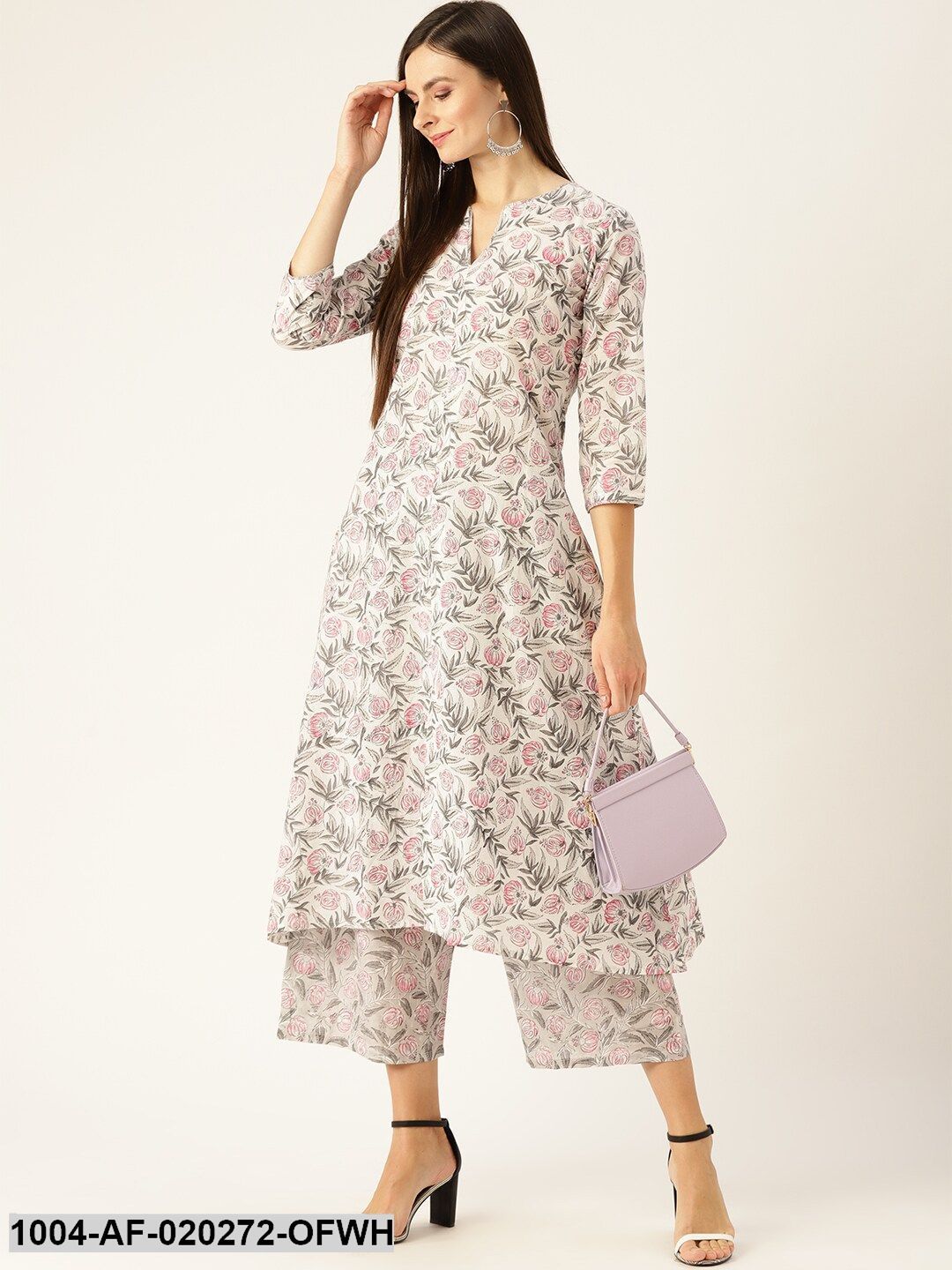 Off-White & Pink Floral Print A-Line Kurta with Palazzos - Image 6