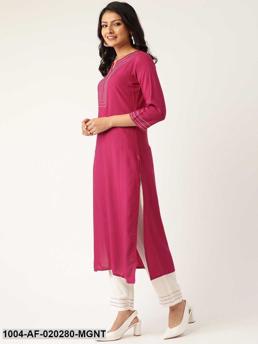 Magenta & White Solid Kurta with Palazzos & Dupatta - Image 4