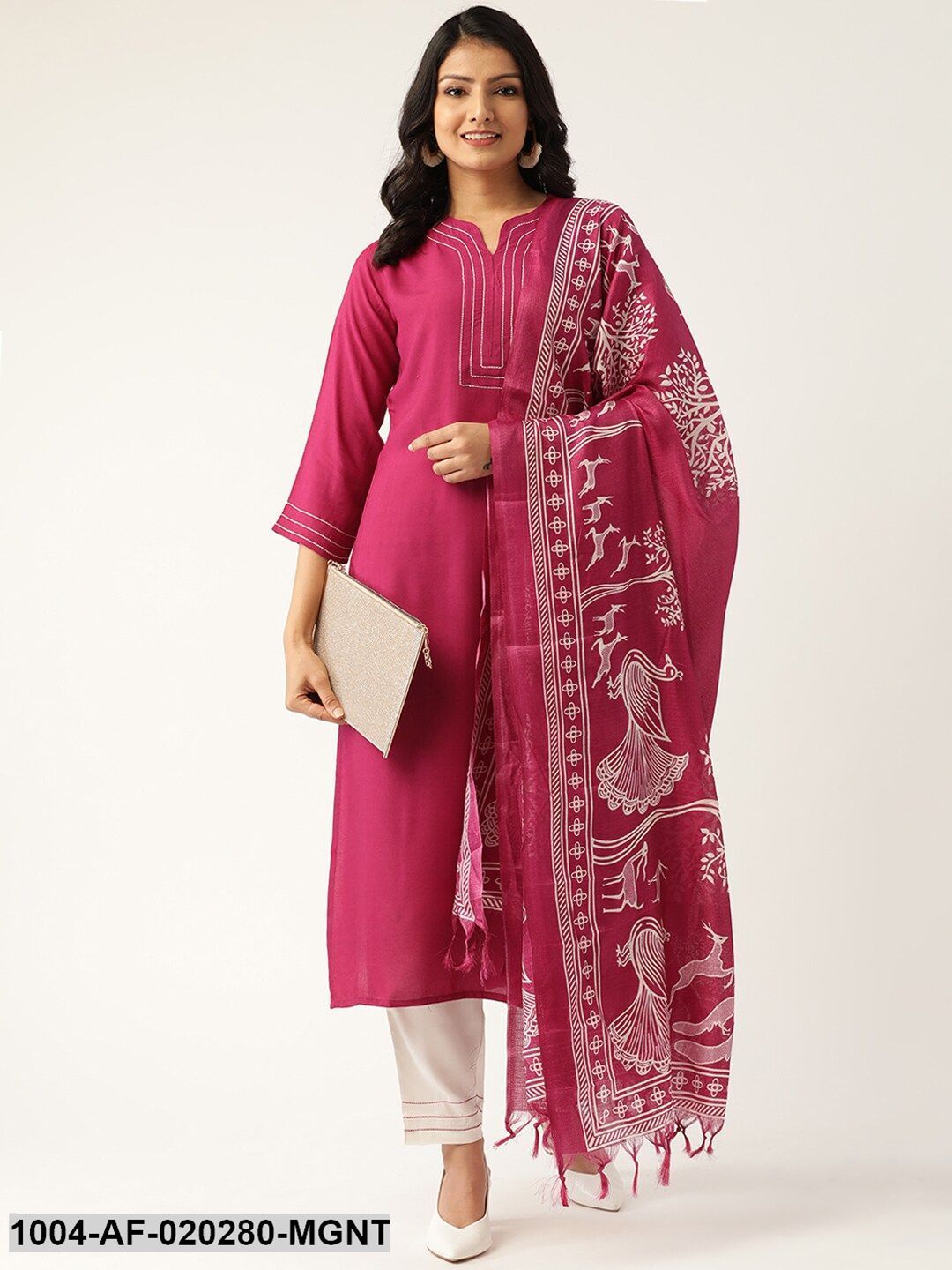 Magenta & White Solid Kurta with Palazzos & Dupatta - Image 7
