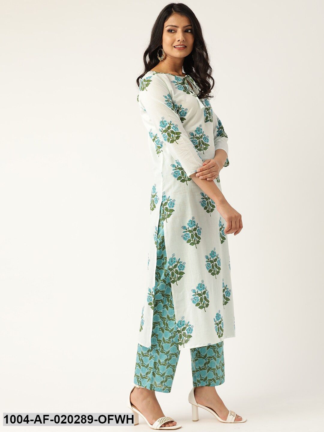 Off-White & Blue Printed Kurta with Palazzos & Dupatta - Image 4