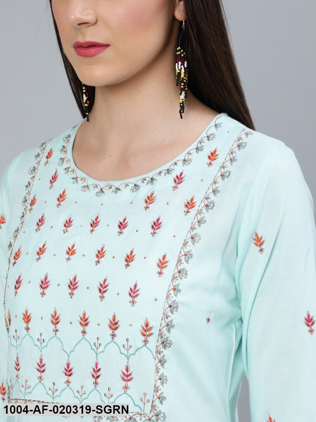 Sea Green Straight Embroidered Kurta With Plazzo & Dupatta - Image 2