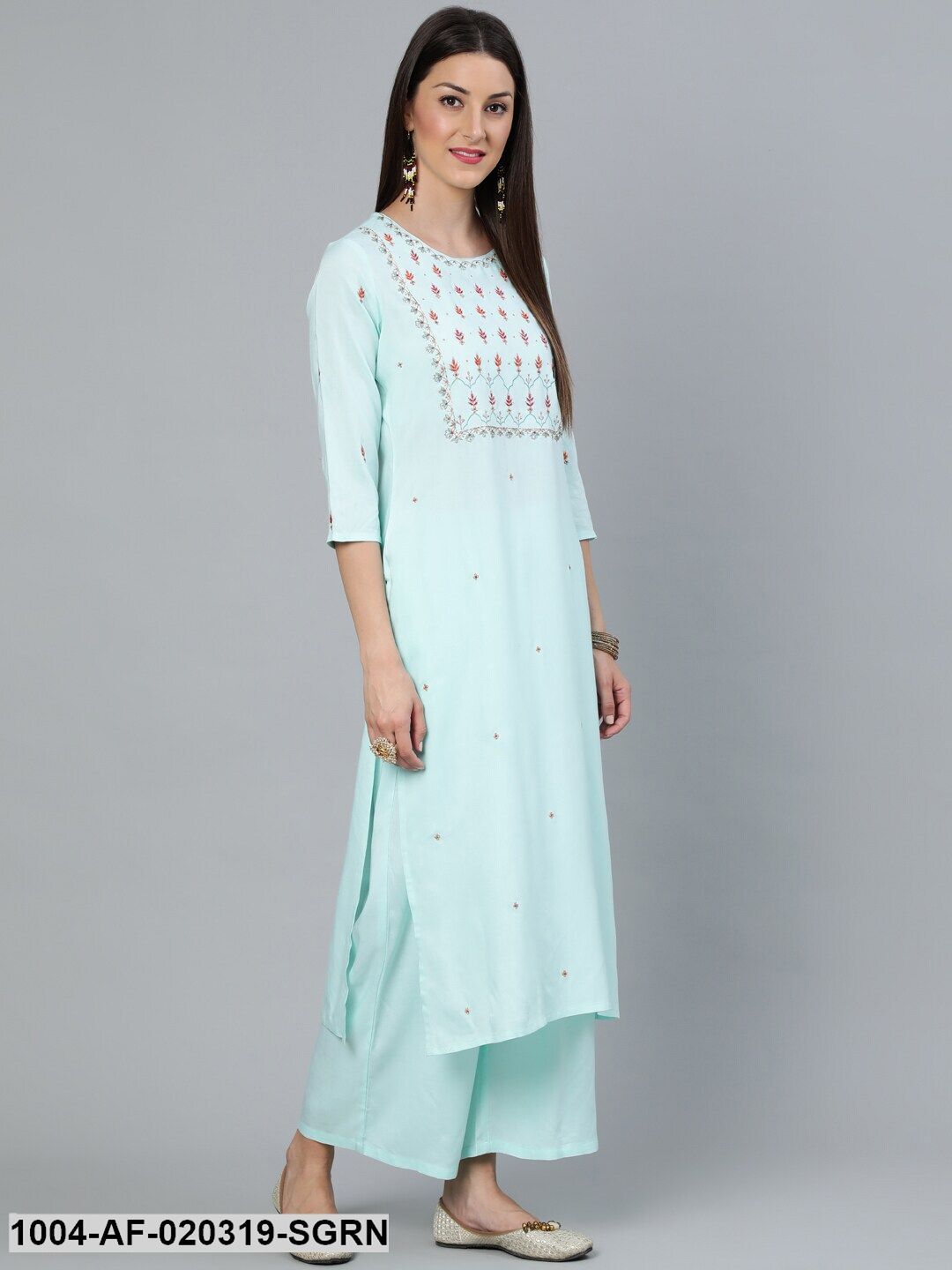 Sea Green Straight Embroidered Kurta With Plazzo & Dupatta - Image 4