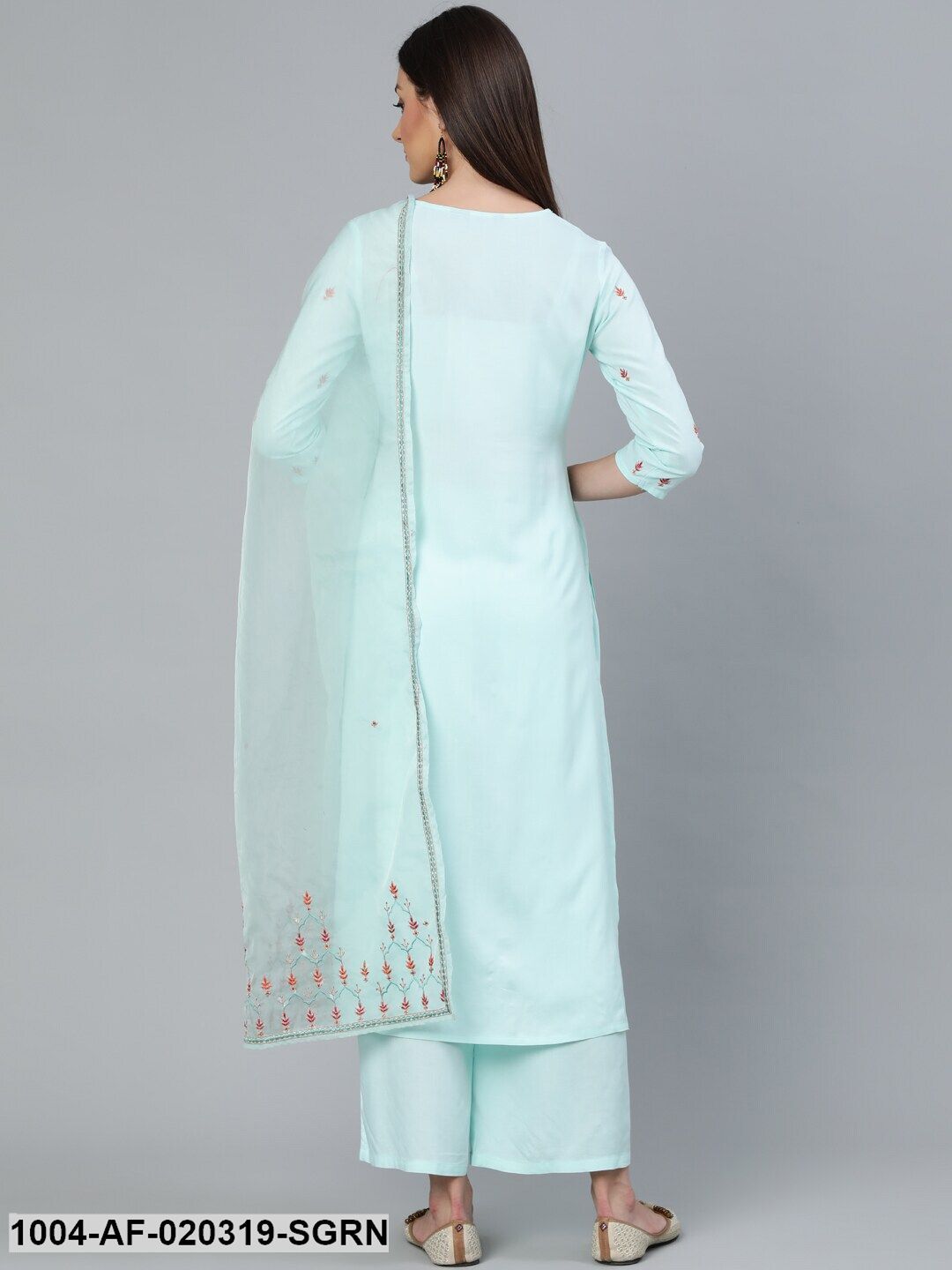 Sea Green Straight Embroidered Kurta With Plazzo & Dupatta - Image 6