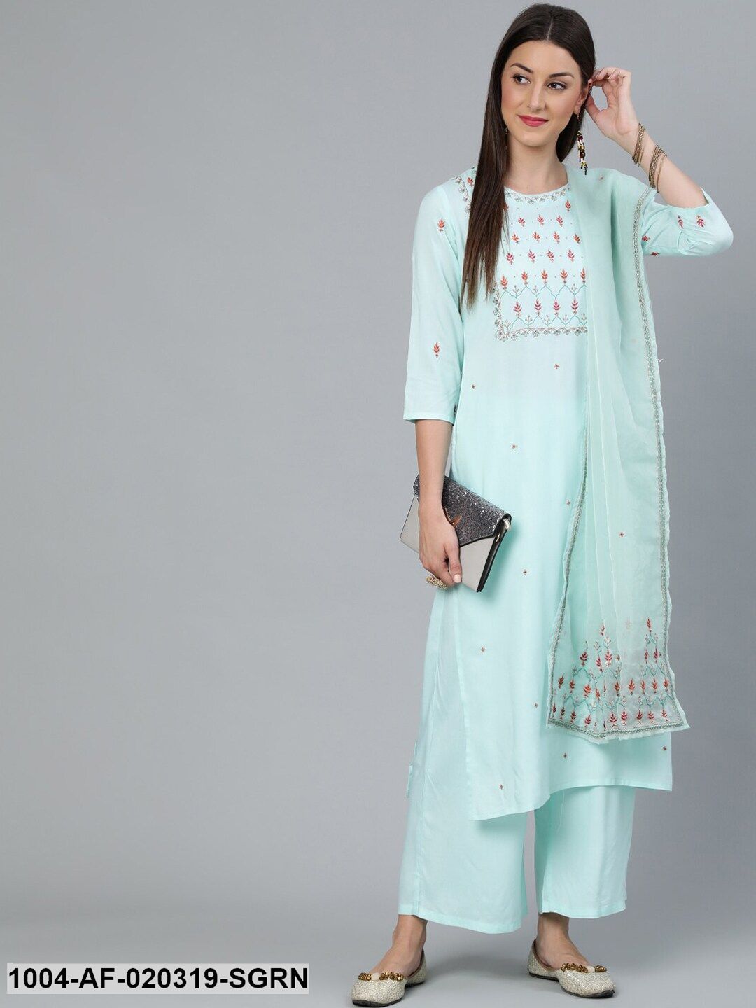 Sea Green Straight Embroidered Kurta With Plazzo & Dupatta - Image 7