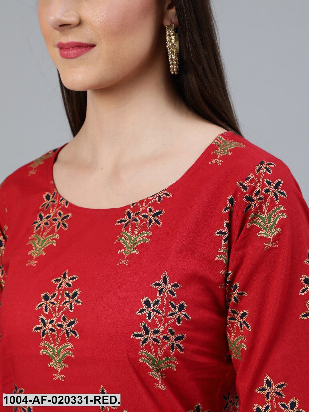 Red Gold Printed Straight Kurta With Palazzo & Dupatta - Image 2