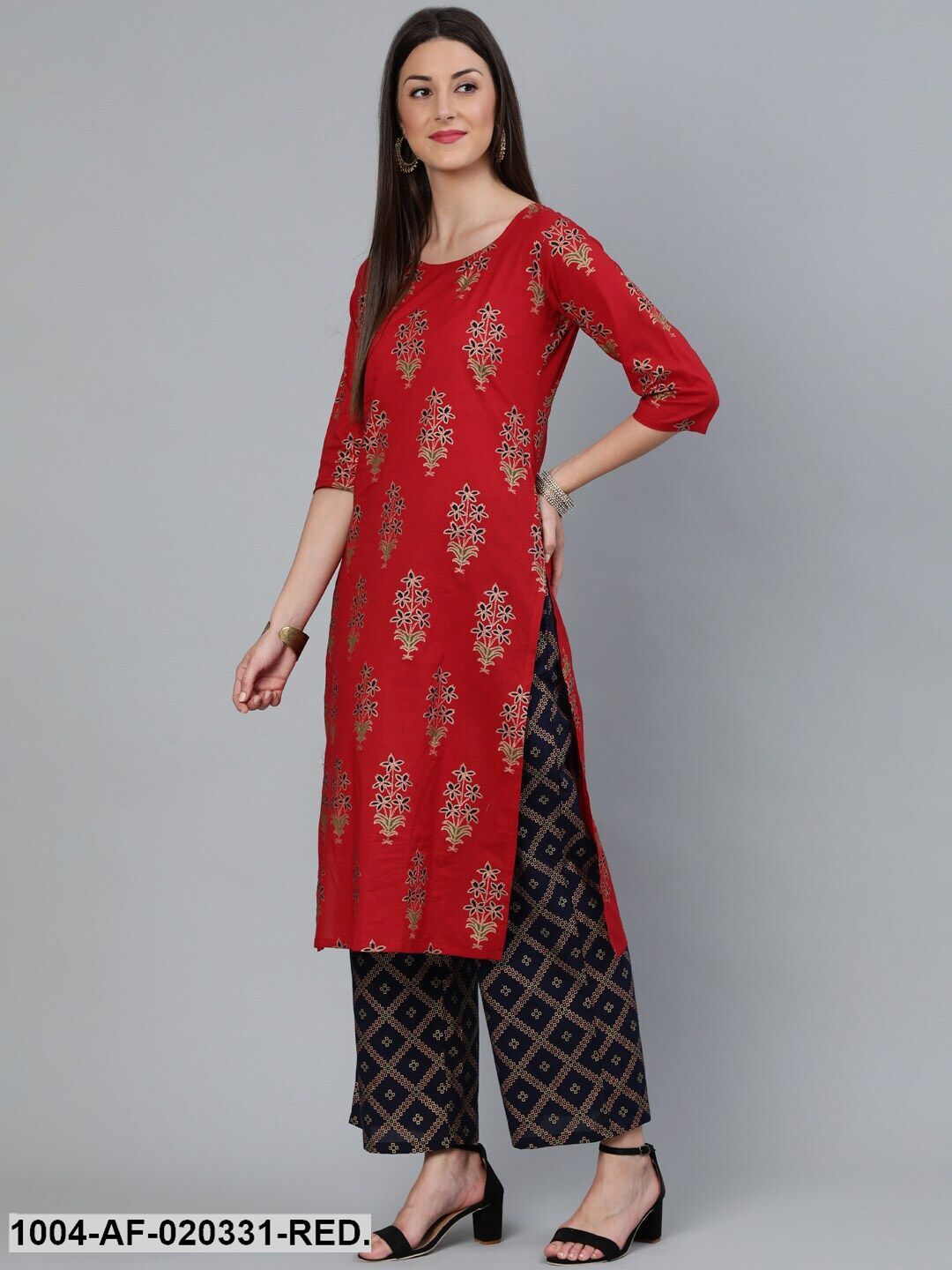 Red Gold Printed Straight Kurta With Palazzo & Dupatta - Image 5