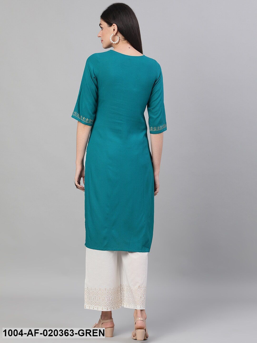 Green & Off-White Printed Kurta with Palazzos - Image 4