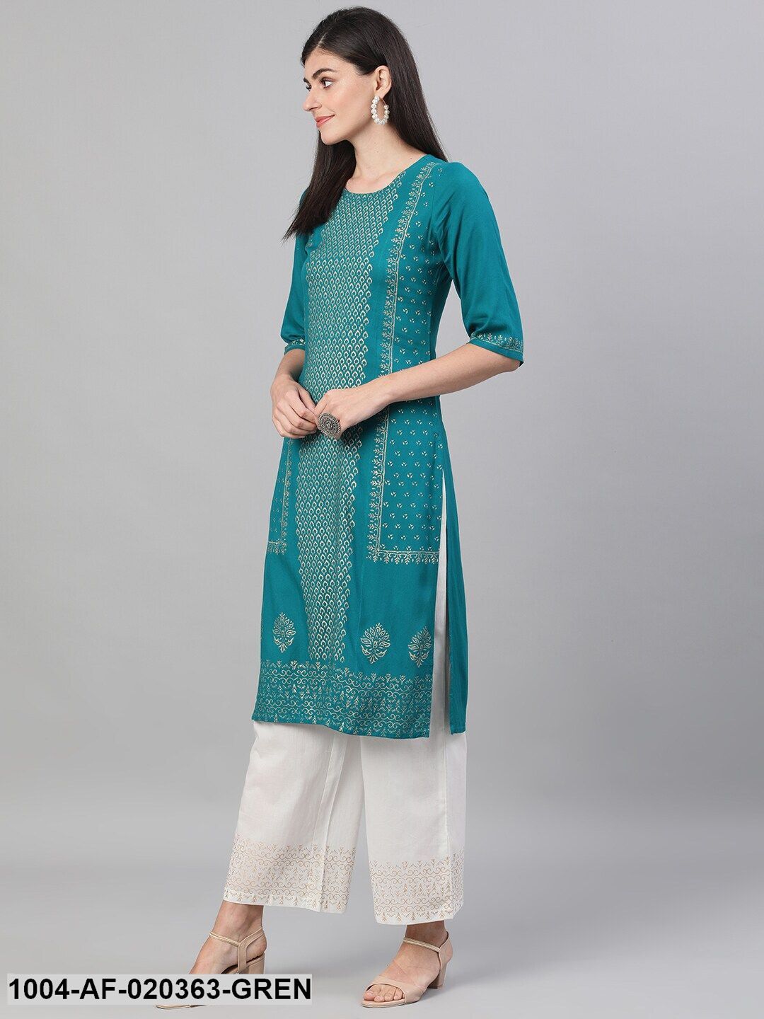 Green & Off-White Printed Kurta with Palazzos - Image 5