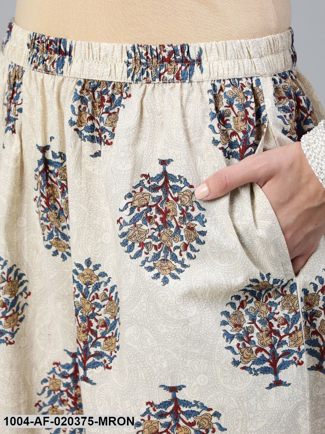 Maroon & Cream-Coloured Printed Kurta with Palazzos & Dupatta - Image 3