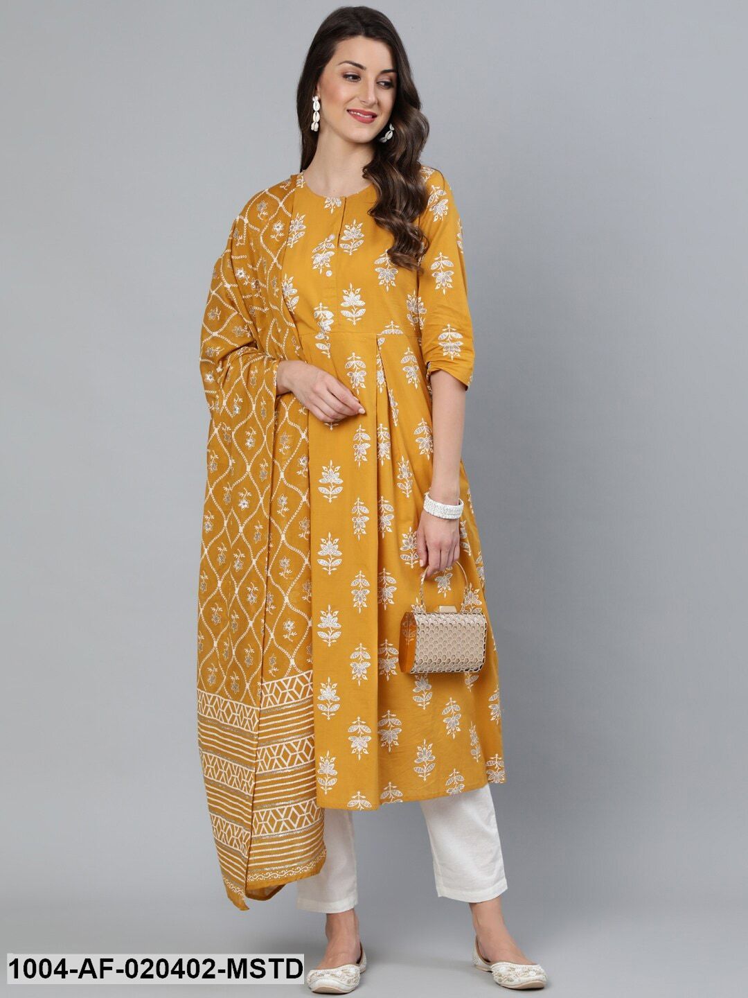 Mustard & Silver Printed Box Pleated Kurta With Trouser & Dupatta - Image 7