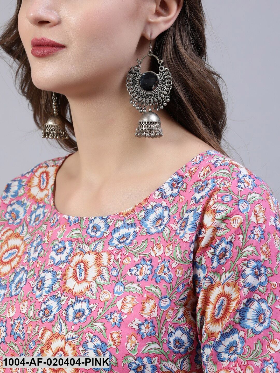Pink & Off-White Floral Screen Print A-Line Pure Cotton Kurta Set With Dupatta - Image 2