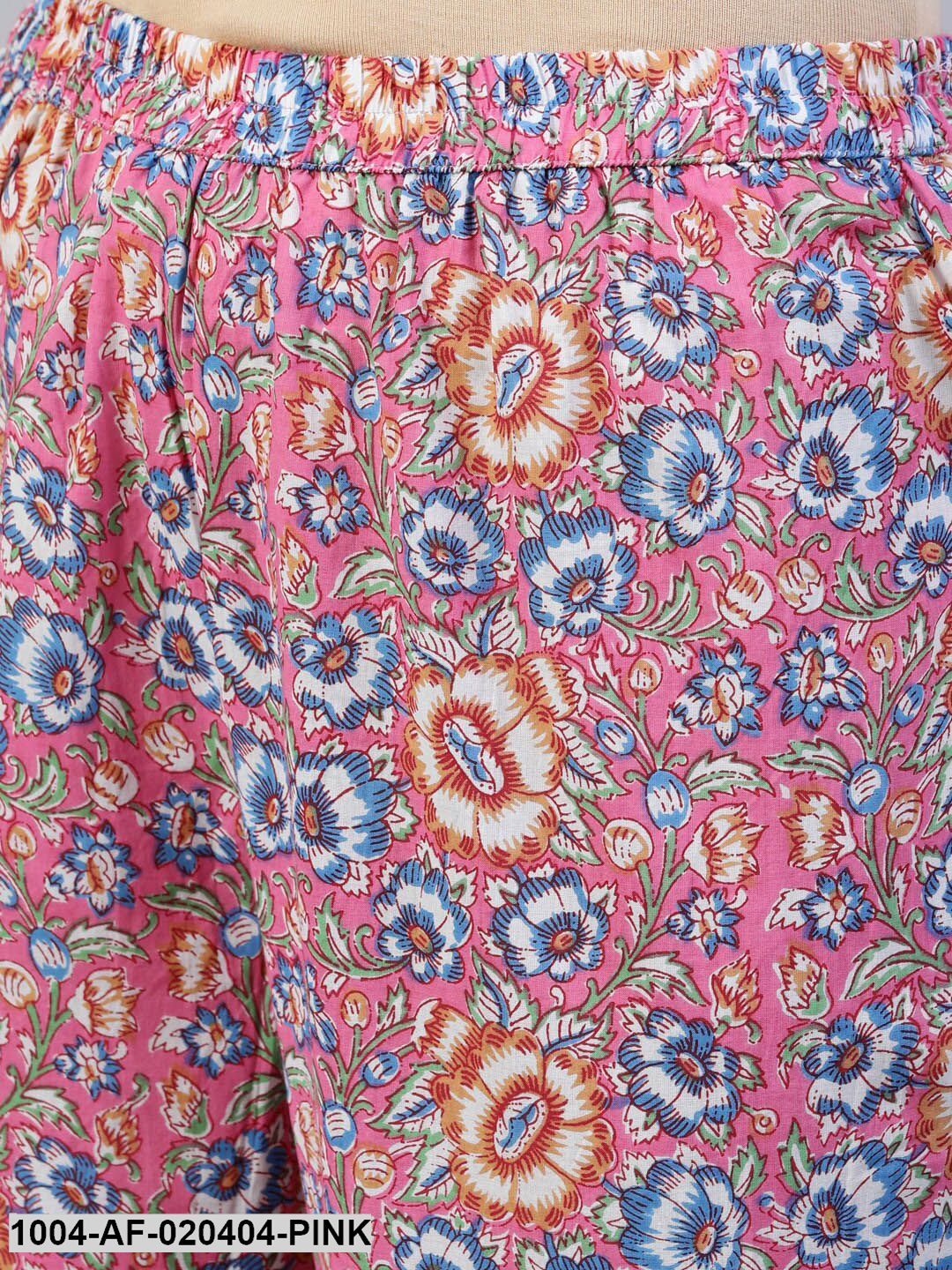 Pink & Off-White Floral Screen Print A-Line Pure Cotton Kurta Set With Dupatta - Image 3