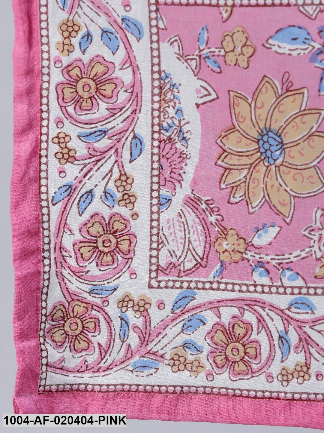 Pink & Off-White Floral Screen Print A-Line Pure Cotton Kurta Set With Dupatta - Image 5