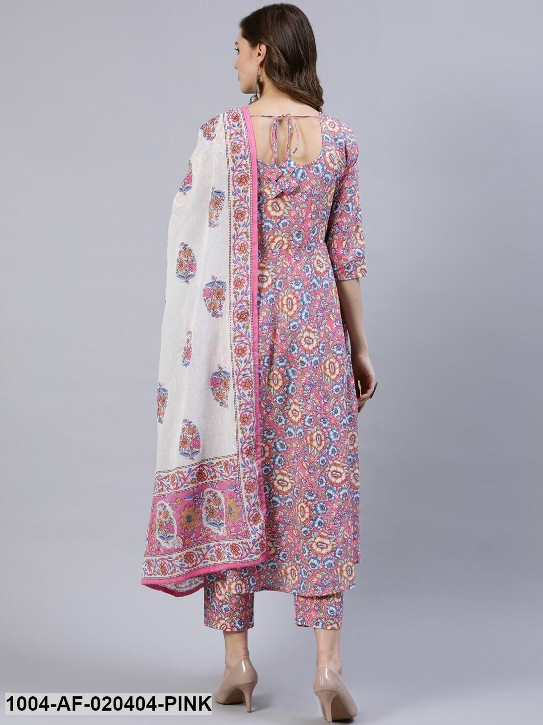Pink & Off-White Floral Screen Print A-Line Pure Cotton Kurta Set With Dupatta - Image 6