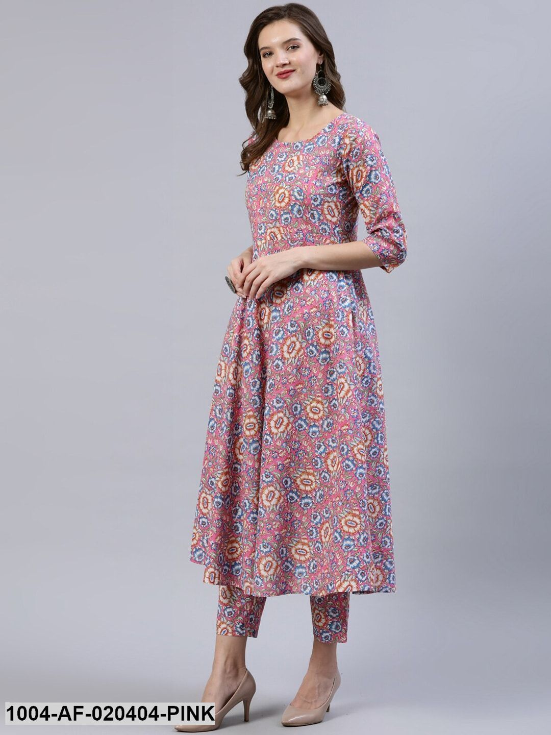 Pink & Off-White Floral Screen Print A-Line Pure Cotton Kurta Set With Dupatta - Image 7