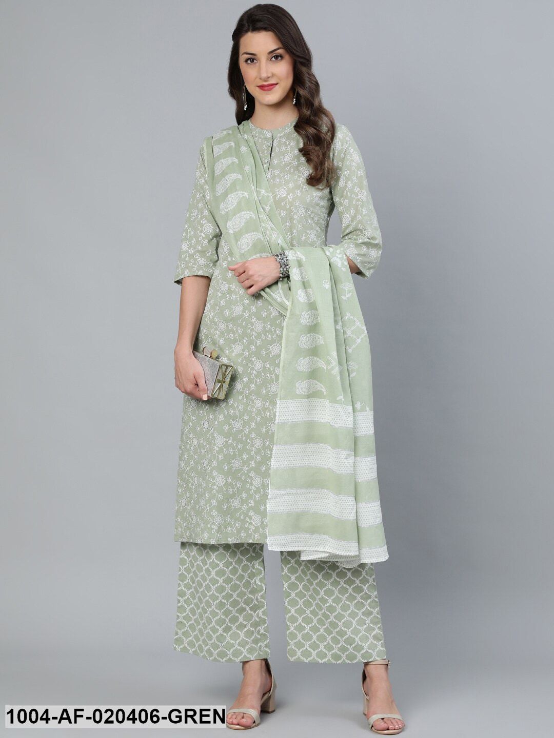 Green Floral Printed Straight Kurta With Plazo & Dupatta - Image 7