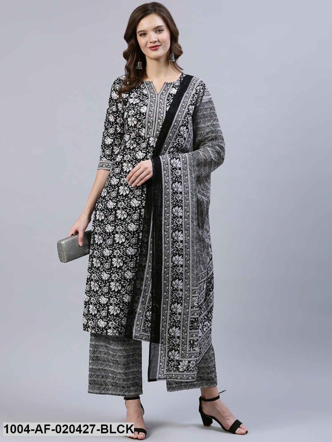 Black & White Straight Screen Print Pure Cotton Kurta & Palazzos With Dupatta - Image 7