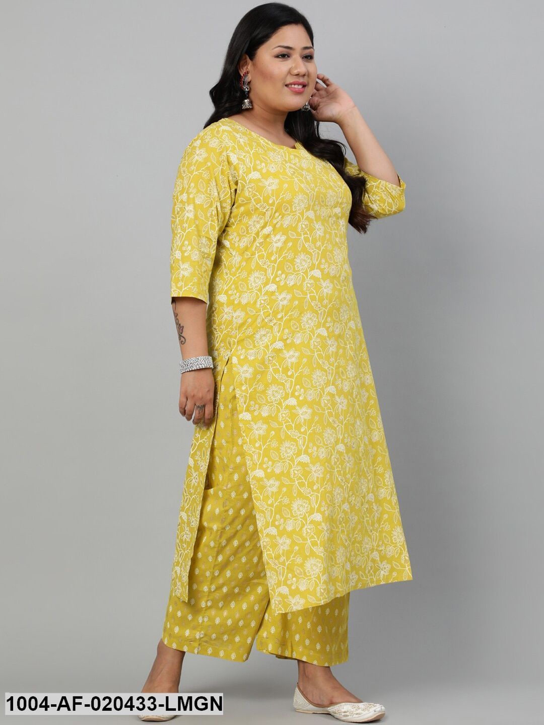 Plus Size Lime Green Ethnic Motifs Pure Cotton Kurta with Palazzos & Dupatta - Image 4