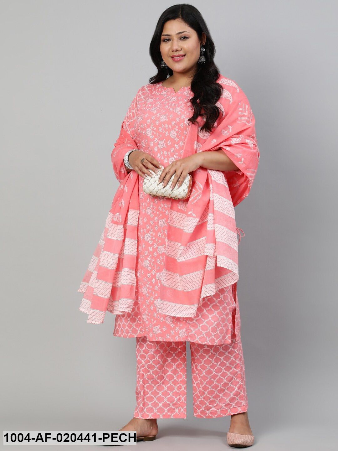Plus Size Peach Ethnic Motifs Printed Pure Cotton Kurta with Trousers & Dupatta - Image 7