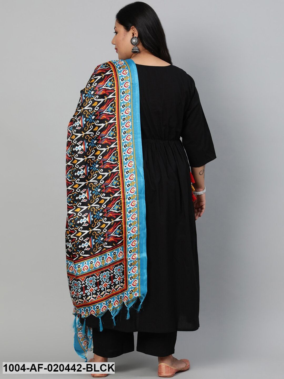 Plus Size Black Empire Pure Cotton Kurta with Trousers & With Dupatta - Image 6